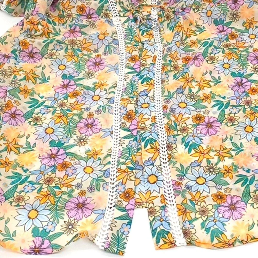 Miken S Kimono Swim Cover up Angora Lavender Retro Floral Eyelet Lace Swimwear